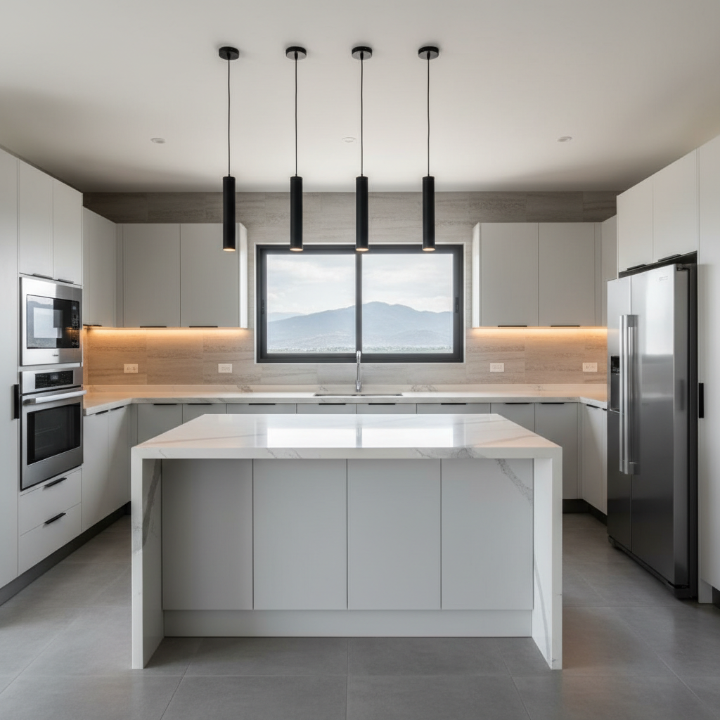 A refined, contemporary kitchen in a high-end Cumbres Monterrey residence, featuring a large central island with a waterfall quartz countertop in soft gray veining, matte white cabinetry with minimalist black hardware, and a full-height backsplash in textured light stone. Built-in stainless steel appliances are seamlessly integrated, and under-cabinet LED lighting casts a gentle glow on the counters. Natural light pours in from a wide horizontal window above the sink, complemented by slim black pendant lights over the island. The mood is clean, professional, and aspirational. Photographed at eye level with a slightly wide focal length and sharp focus throughout, the composition highlights premium finishes and functional elegance, in hyper-realistic, polished photographic style for a real estate listing.