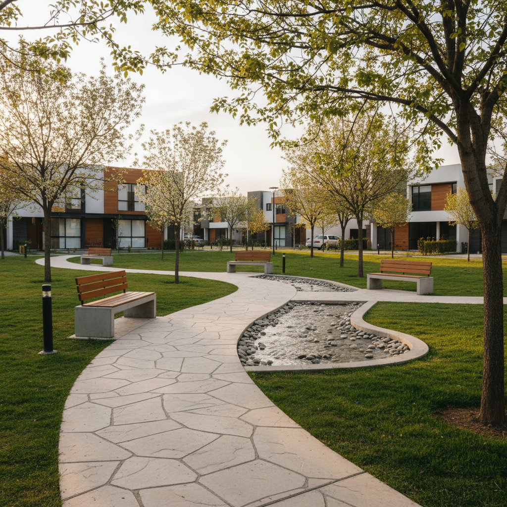 A tranquil central park within a residential development in the Cumbres Monterrey zone, featuring a winding, light-colored stone path that curves between lush green lawns, young shade trees, and modern concrete benches with wooden seats. A small decorative water feature with smooth river rocks adds movement and reflection. Soft, diffused late afternoon light filters through the trees, casting dappled shadows on the path and grass. In the distance, low-rise contemporary residences with flat roofs and neutral facades subtly frame the park. Captured from a slightly elevated, wide-angle perspective with clear depth, the image feels calm, family-friendly, and thoughtfully planned, rendered in natural photographic realism to highlight lifestyle amenities and long-term neighborhood appeal.