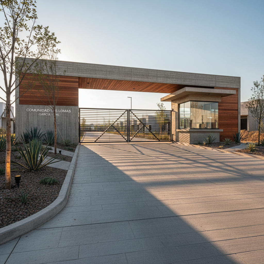 A secure, modern gated entrance to an exclusive real estate development in García, Nuevo León, featuring a bold horizontal structure in exposed concrete and warm wood slats, with a sleek metal gate and integrated security booth. The driveway is wide and meticulously paved, flanked by native landscaping with low desert plants, gravel beds, and subtle uplighting at the base of sculptural trees. Late afternoon sunlight creates defined shadows along the structure, emphasizing its clean architectural lines. Photographed from a low, three-quarter angle, the composition leads the eye through the gate toward an implied community beyond. The atmosphere is professional, trustworthy, and premium, with photographic realism showcasing safety, controlled access, and strong perceived value for buyers focused on plusvalía.
